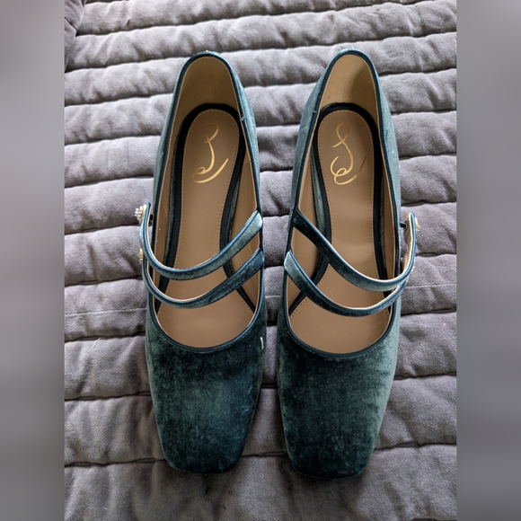 Sam Edelman Shoes - Sam Edelman Teal Velvet Double-Strap Mary Jane Heels